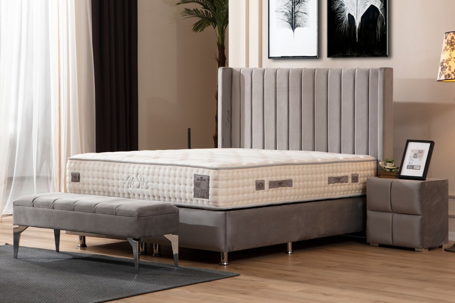 Pack complet Lit coffre Tokyo Gris + Matelas Nova Premium 32cm