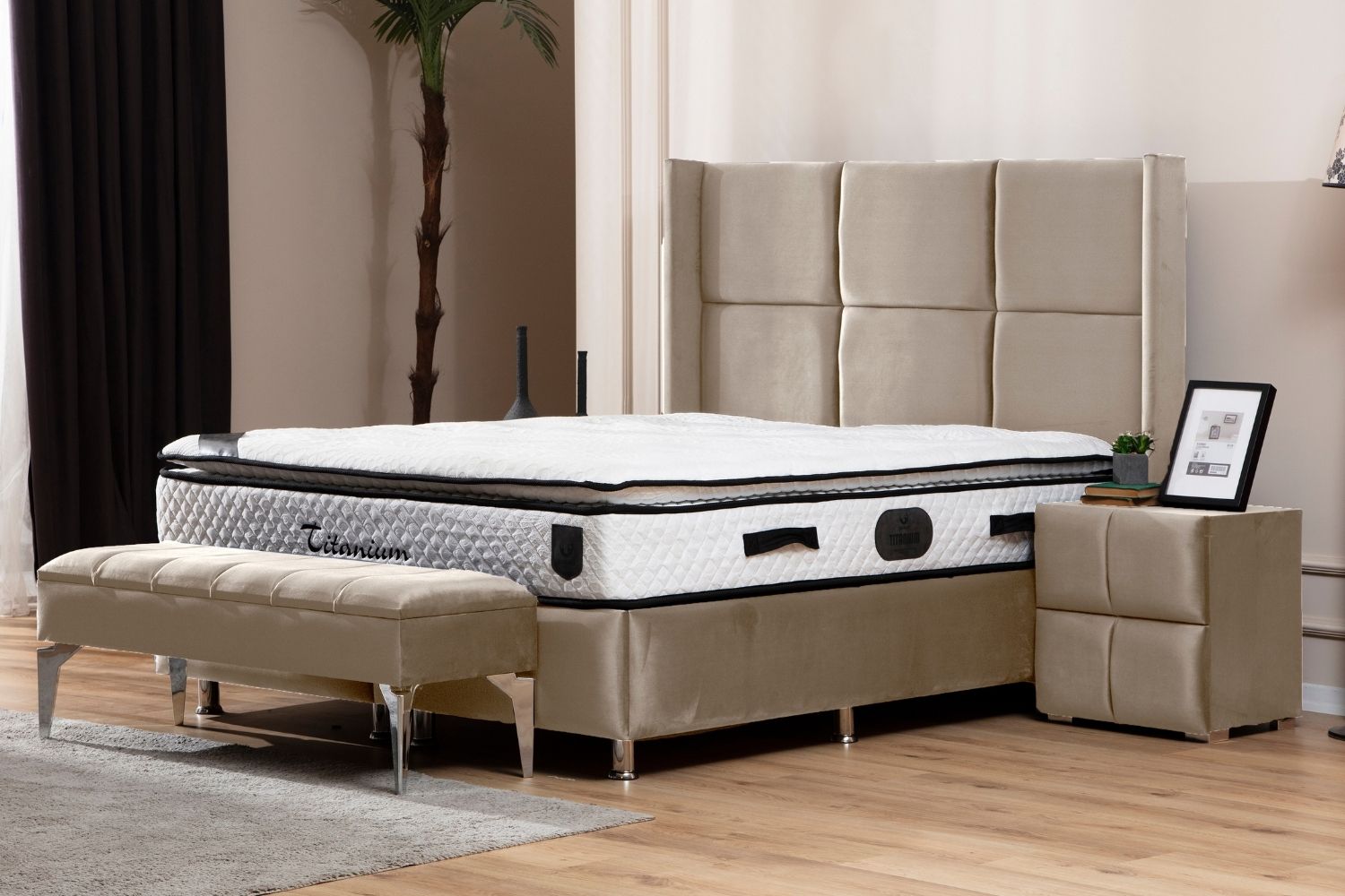 Pack complet Lit coffre Rio Beige + Matelas Nova Premium 32cm
