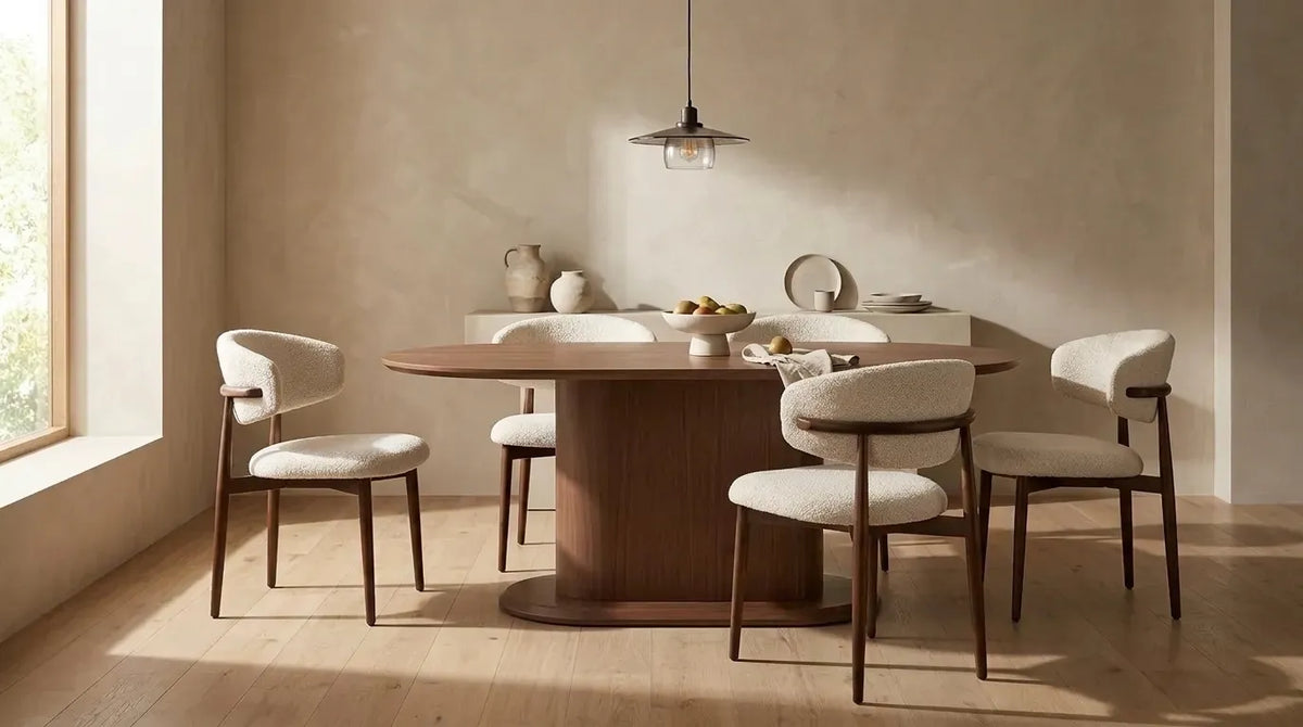 Pack Table à manger Léa + 4 chaises Bohème Chenille Noyer