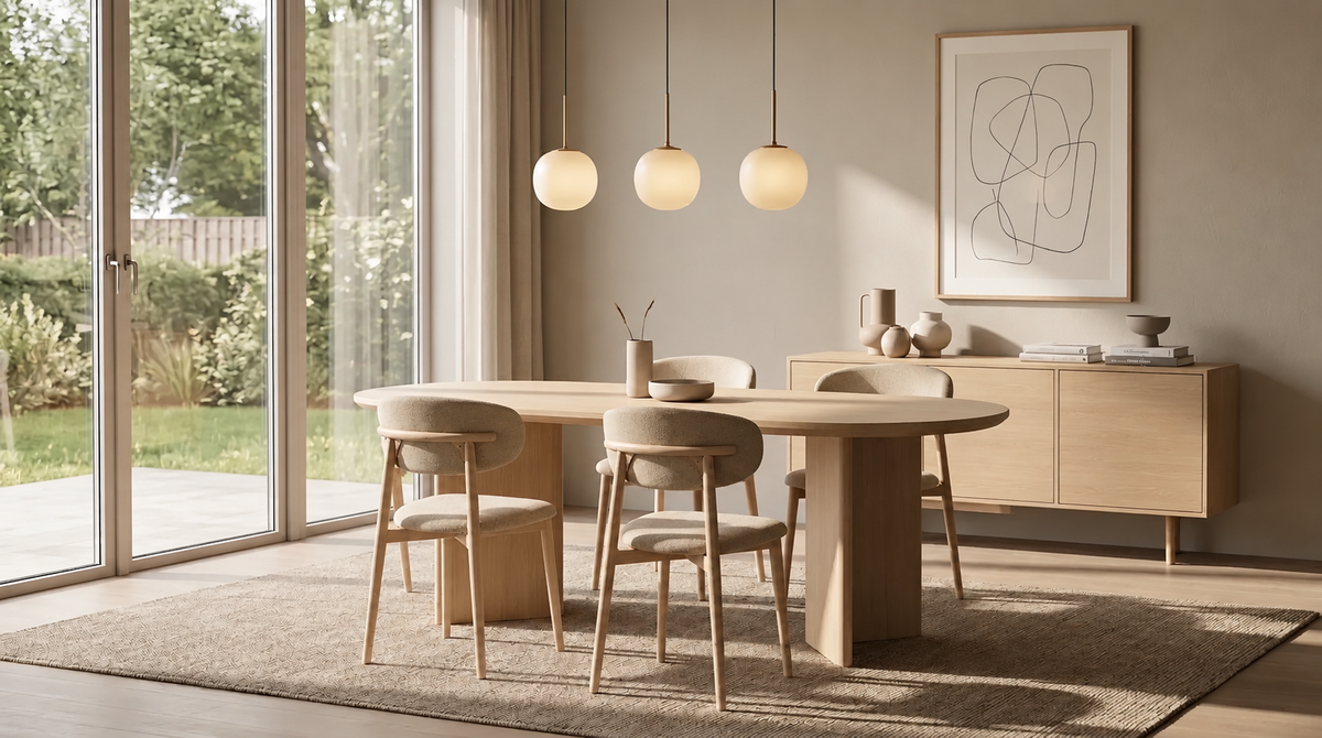 Pack Table à manger Ava Travertin 180cm + 4 chaises Bohème Chenille Travertin