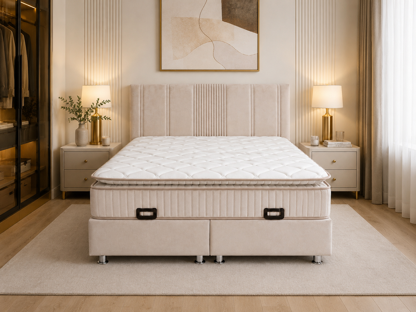 Pack complet Lit coffre Lugano Beige + Matelas 30cm