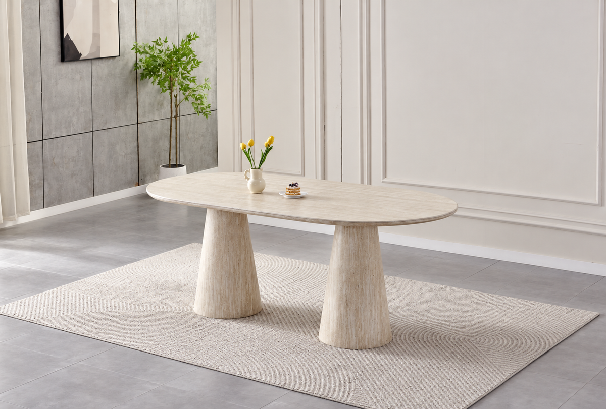 Pack Table à manger Iconique Travertin 180cm + 4 chaises Bohème Chenille Travertin