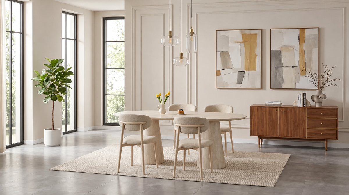 Pack Table à manger Iconique Travertin 180cm + 4 chaises Bohème Chenille Travertin