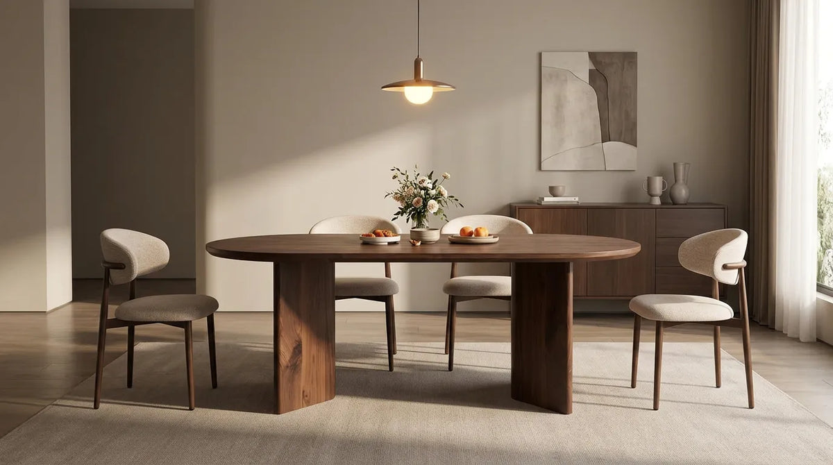 Pack Table à manger Ava Noyer 180cm + 4 chaises Bohème Chenille Noyer