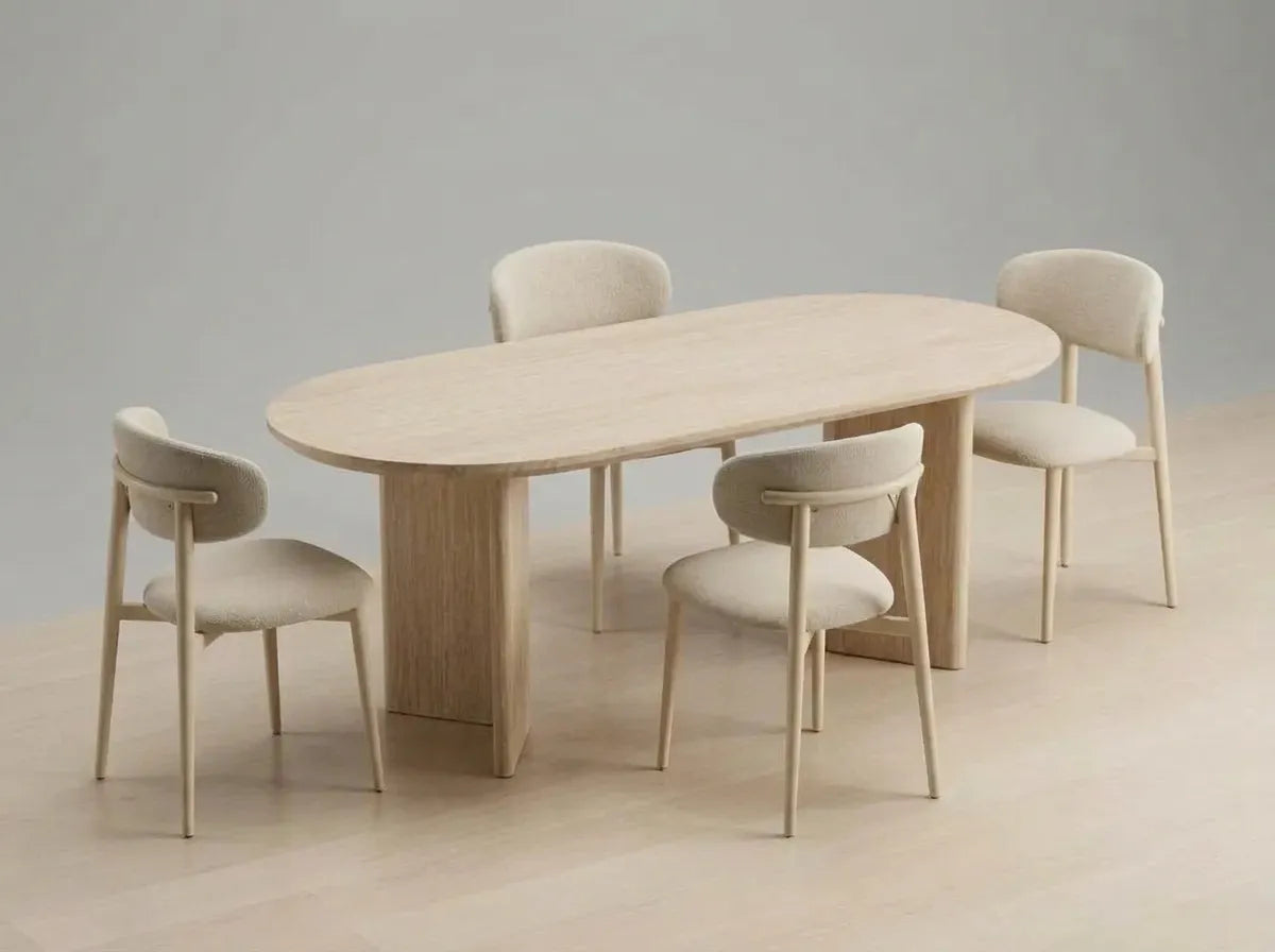Pack Table à manger Ava Travertin 180cm + 4 chaises Bohème Chenille Travertin