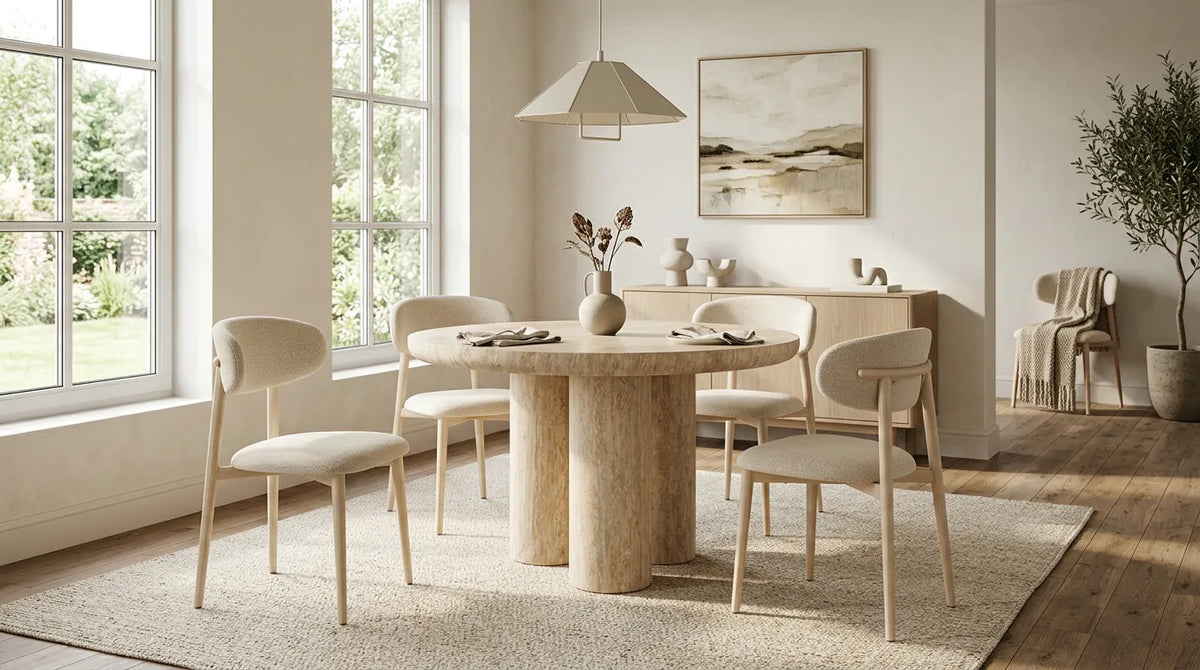 Pack Table à manger Maya Travertin 110cm + 4 chaises Bohème Chenille Travertin