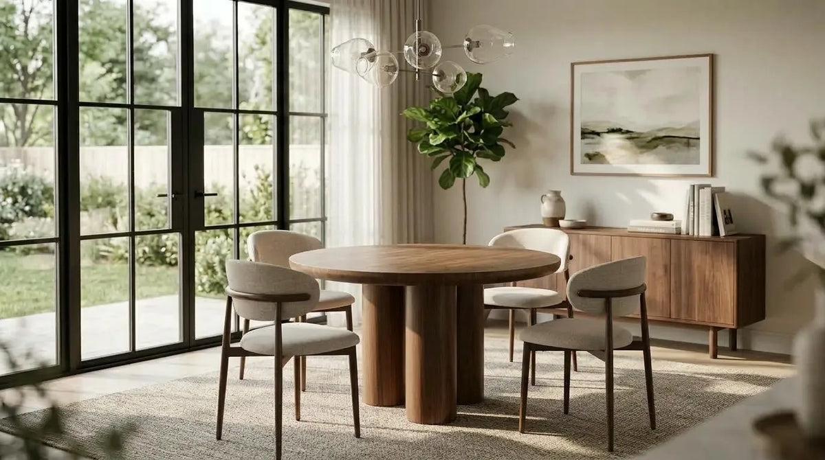 Pack Table à manger Maya Noyer 110cm + 4 chaises Bohème Chenille Noyer