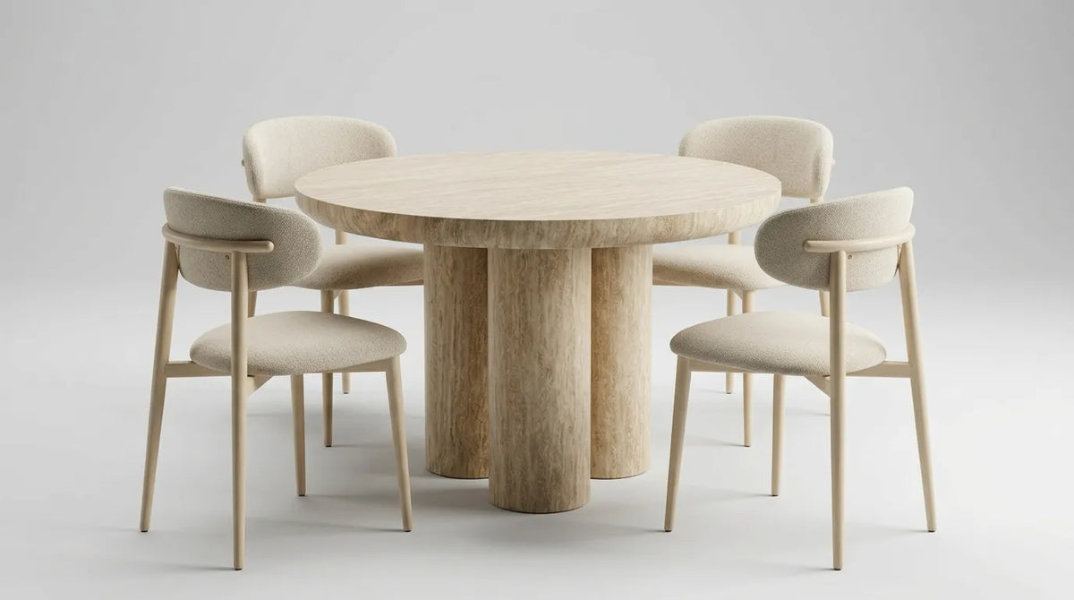 Pack Table à manger Maya Travertin 110cm + 4 chaises Bohème Chenille Travertin