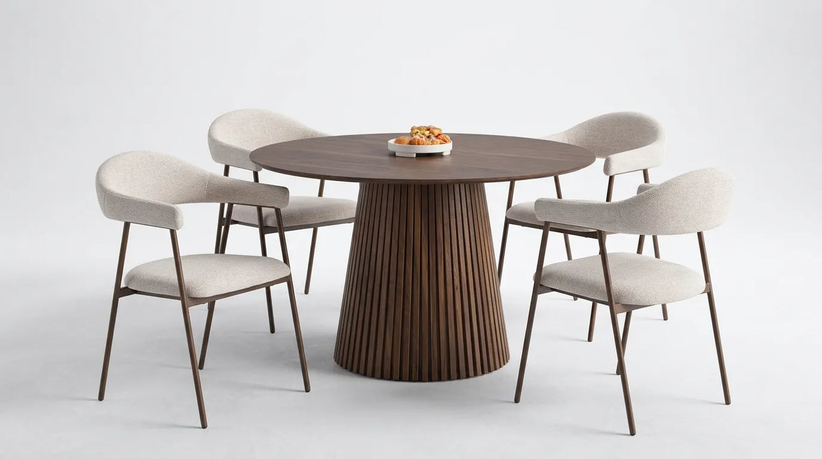 Pack Table à manger Mia 120cm + 4 chaises Alma Chenille Noyer