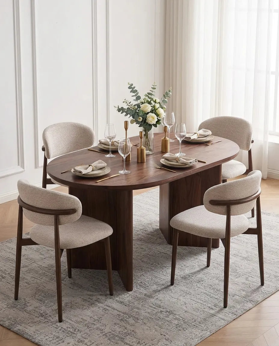 Pack Table à manger Ava Noyer 180cm + 4 chaises Bohème Chenille Noyer