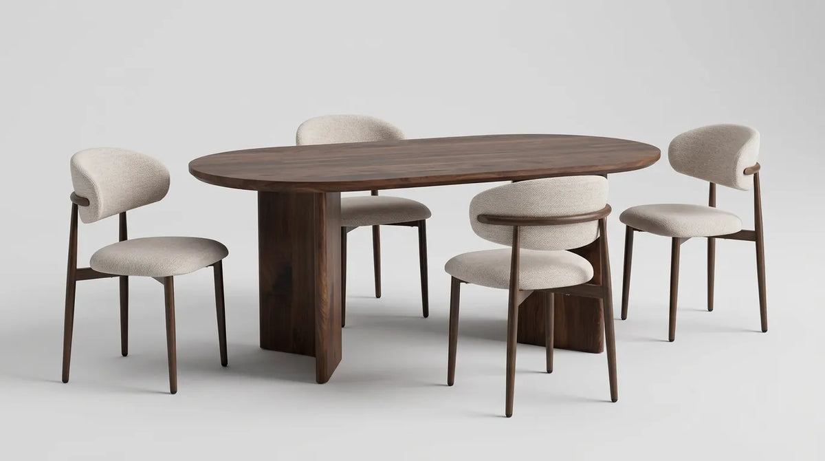 Pack Table à manger Ava Noyer 180cm + 4 chaises Bohème Chenille Noyer