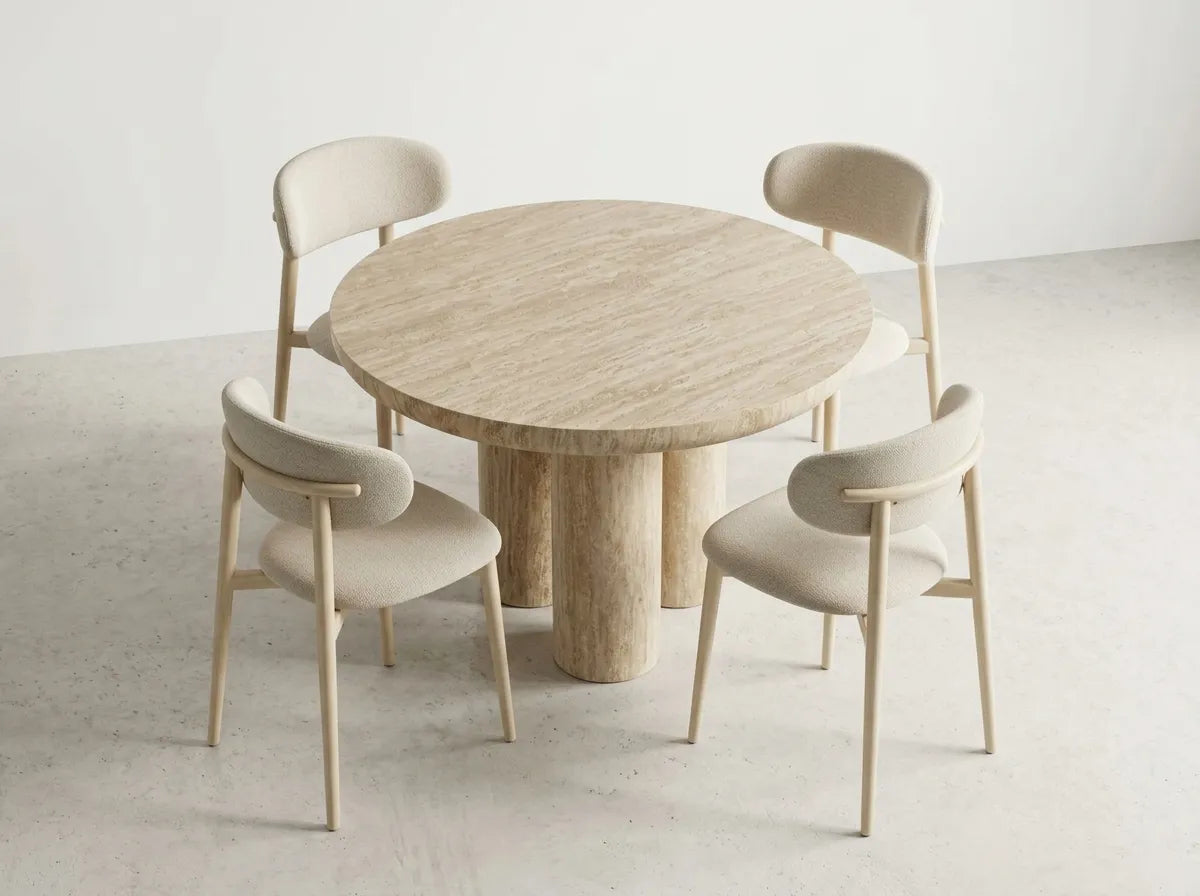Pack Table à manger Maya Travertin 110cm + 4 chaises Bohème Chenille Travertin