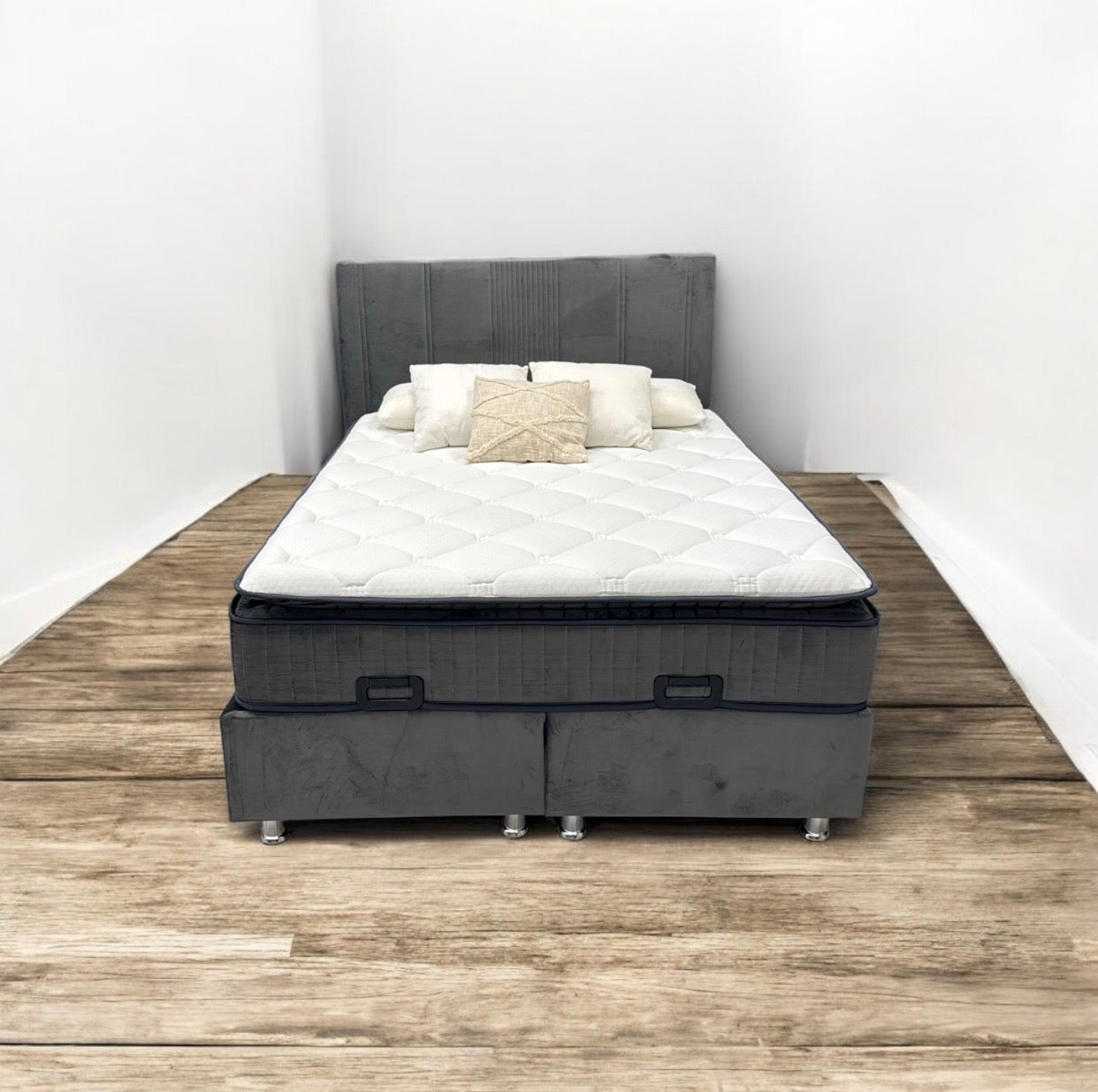 Pack complet Lit coffre Lugano Gris + Matelas 30cm